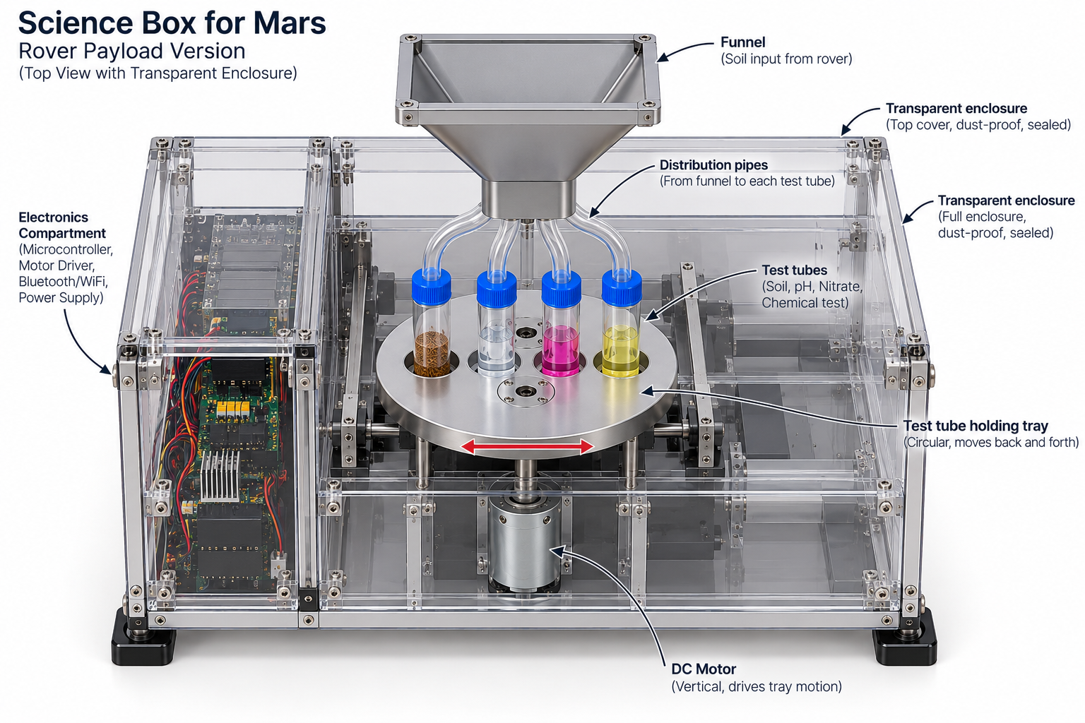 Science Box for Mars design showing the soil and air testing system